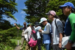 尾瀬沼周辺で尾瀬の歴史を学んだり、草花を観察する児童生徒