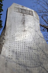 島邨沿革碑 利根川の度重なる洪水を味方にして蚕種を盛んにし、島村の名を海外まで広めたことが刻まれている。碑上部の「島邨沿革碑」の文字は山県有朋が篆書(てんしょ)で書いている。