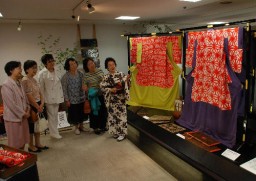吉村代表(右)から解説を受ける来場者