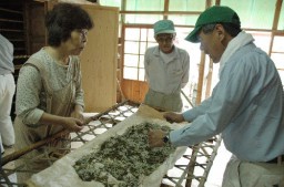 赤岩地区に届けられた蚕の飼育を担当する岩瀬さん(左